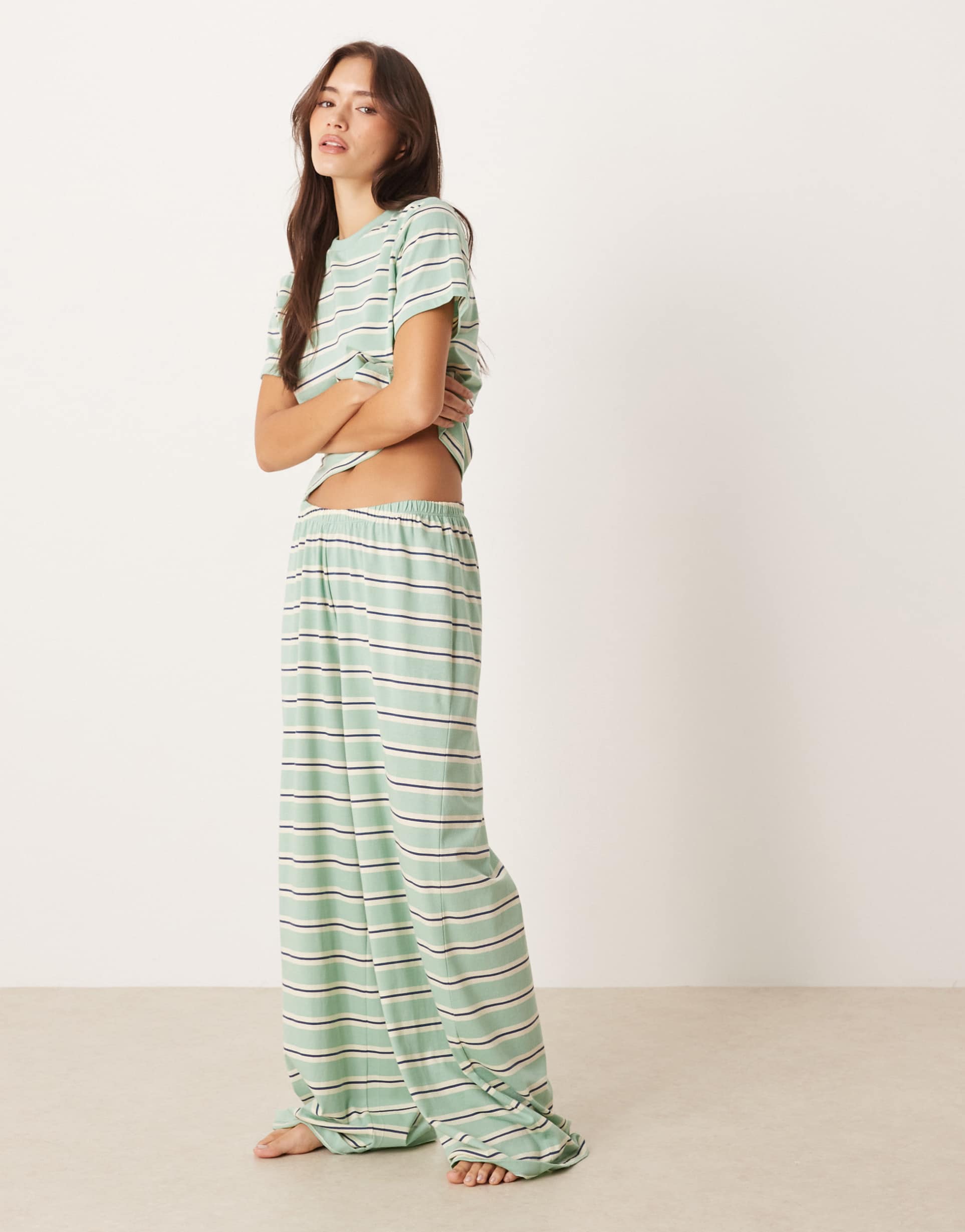 asos design mix & match pajama pants in sage & blue stripes