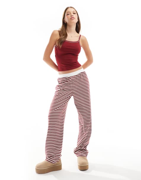 ASOS DESIGN mix & match pajama pants with exposed waistband and picot trim in burgundy stripe - view 1