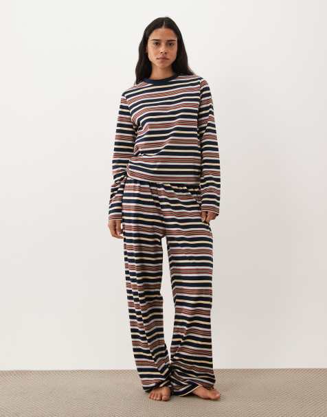 ASOS DESIGN mix & match pajama set in blue and brown stripes - view 1