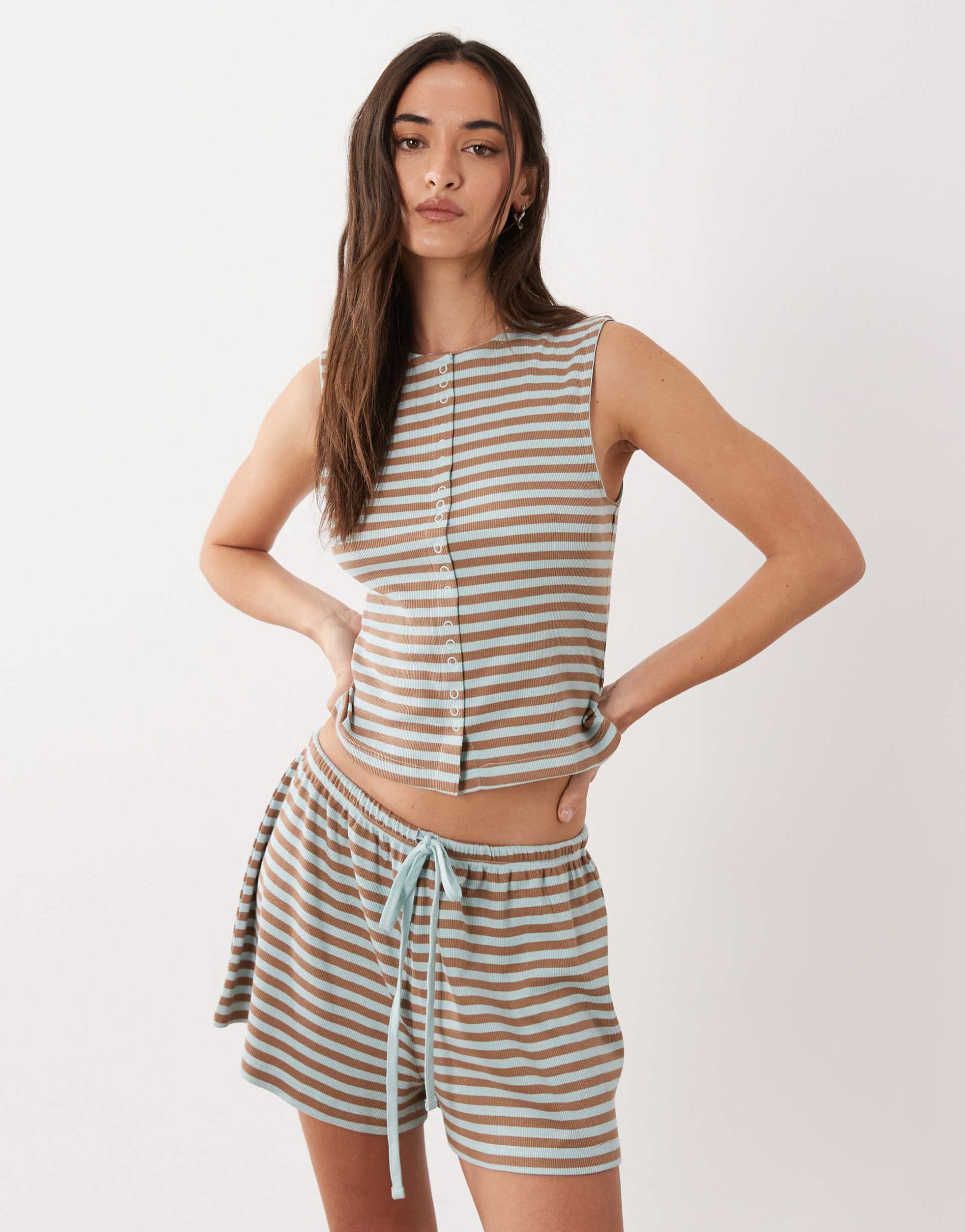 asos design mix & match pajama shorts in mint & camel stripes
