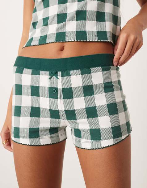 ASOS DESIGN mix & match pajama shorts with velvet waistband in green gingham print - view 1