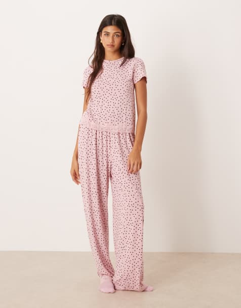 ASOS DESIGN mix & match pajamas with lace trim in pink heart print - view 1