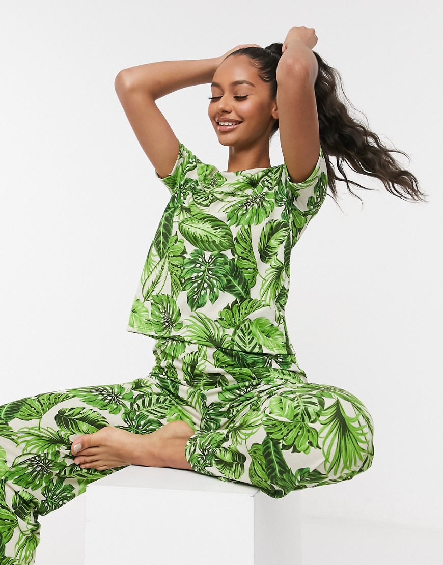 Asos Design Mix & Match Palm Print Pyjama Tee In Green-multi