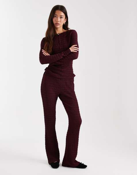 ASOS DESIGN - Mix & Match - Pantalon évasé texturé à taille haute - Bordeaux - view 1