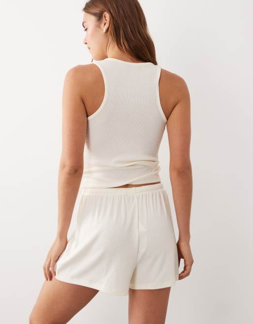 ASOS DESIGN - Mix & Match - Pantaloncini del pigiama fluidi a coste color avorio, 4 di 4