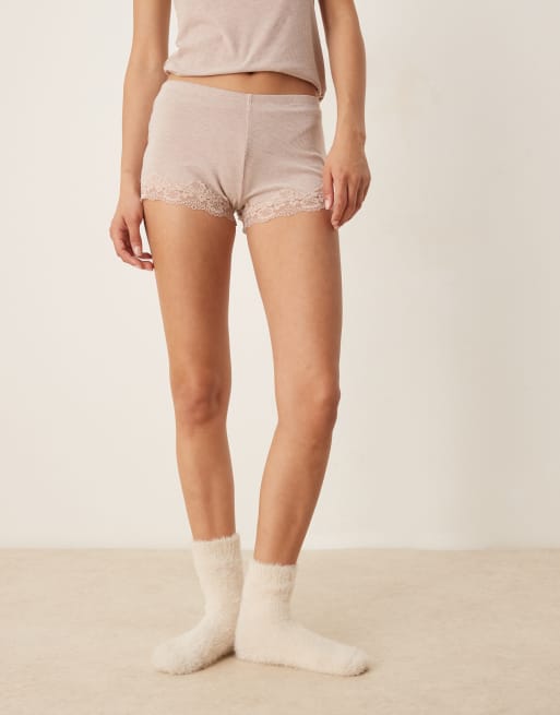 ASOS DESIGN - Mix & Match - Pantaloncini del pigiama stile culotte marroni a coste con pizzo, 3 di 4