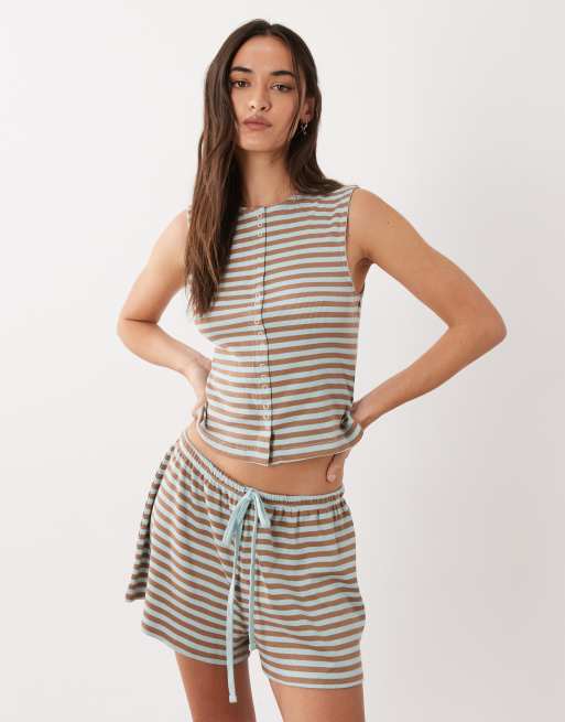 ASOS DESIGN - Mix & Match - Pantalones cortos de pijama a rayas color menta y camel