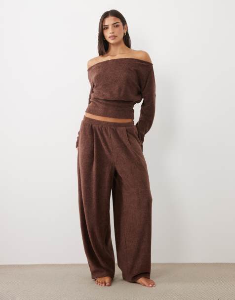 ASOS DESIGN Mix & Match pantaloni da casa leggeri in pile modello balloon color cioccolato - view 1