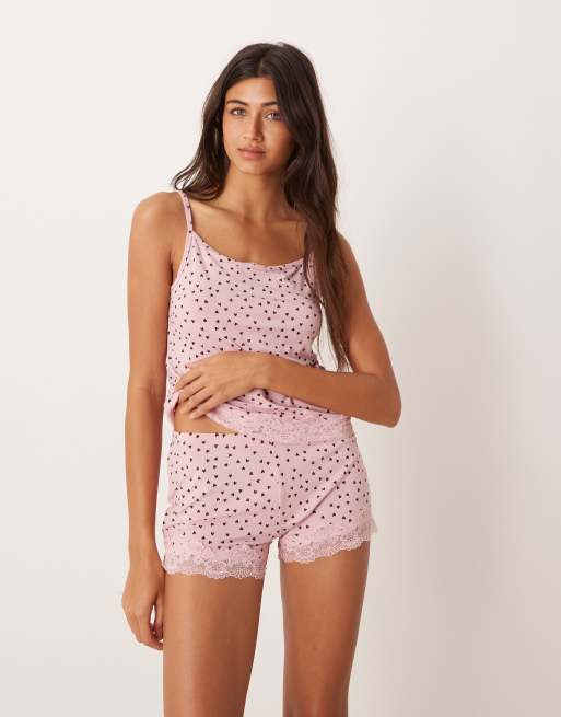 ASOS DESIGN - Mix & Match - Pigiama rosa con stampa di cuori e finiture in pizzo, 2 di 4