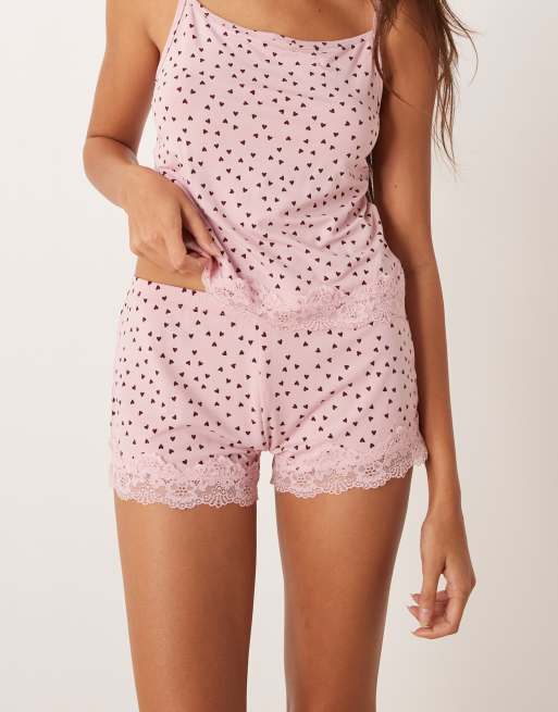 ASOS DESIGN - Mix & Match - Pigiama rosa con stampa di cuori e finiture in pizzo, 4 di 4