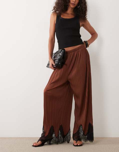 ASOS DESIGN mix & match plissé broek met rechte pijpen in bruin met zwarte kanten afwerking - view 1