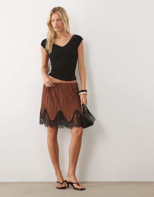 ASOS DESIGN mix & match plisse mini skirt in brown with black lace trim, 2 of 5
