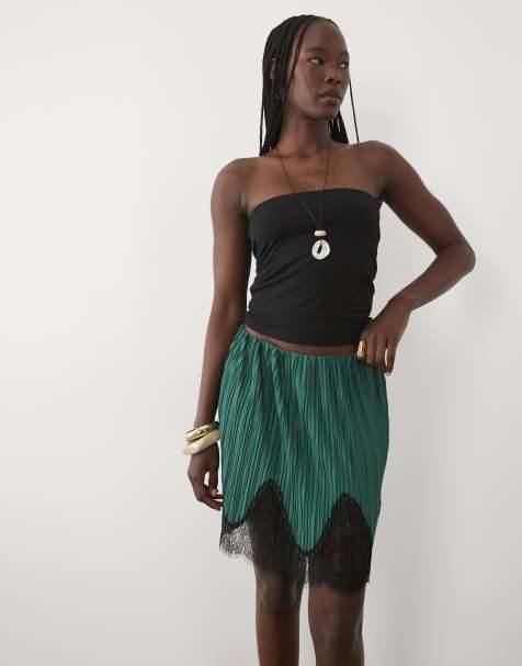 ASOS DESIGN mix & match plissé minirok in teal met zwarte kanten afwerking - view 1