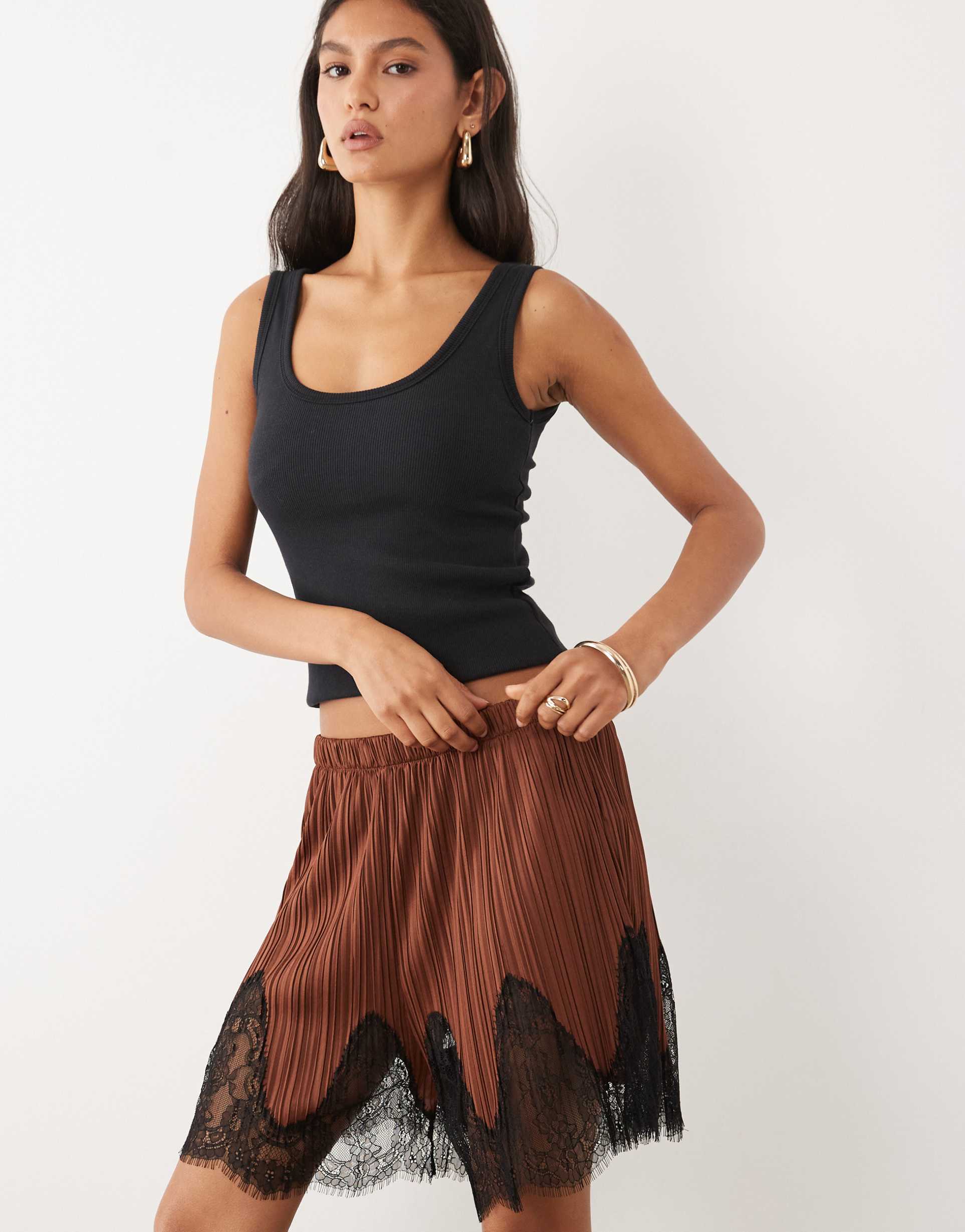 asos design mix & match plisse shorts in brown with black lace trim
