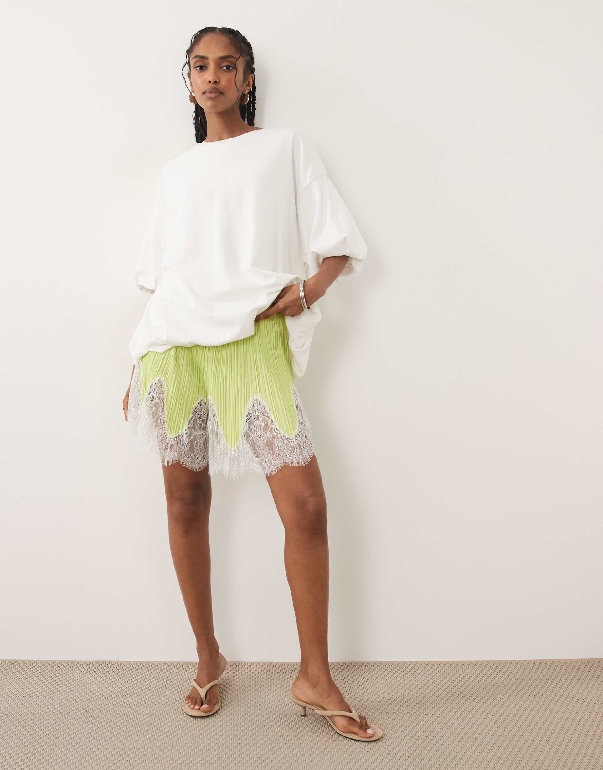 asos design mix & match plisse shorts in green with white lace trim
