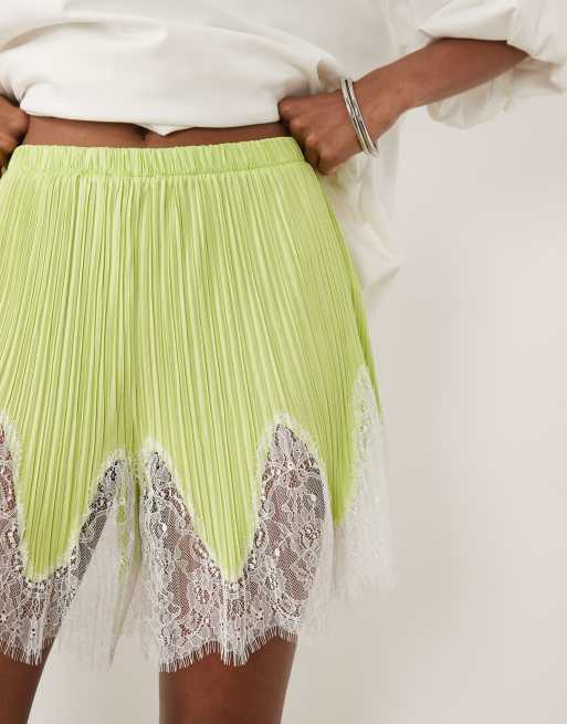 ASOS DESIGN mix & match plisse shorts in green with white lace trim, 2 of 5