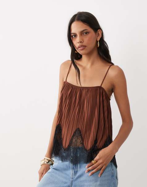 ASOS DESIGN mix & match plisse square neck cami in brown with black lace trim - view 1