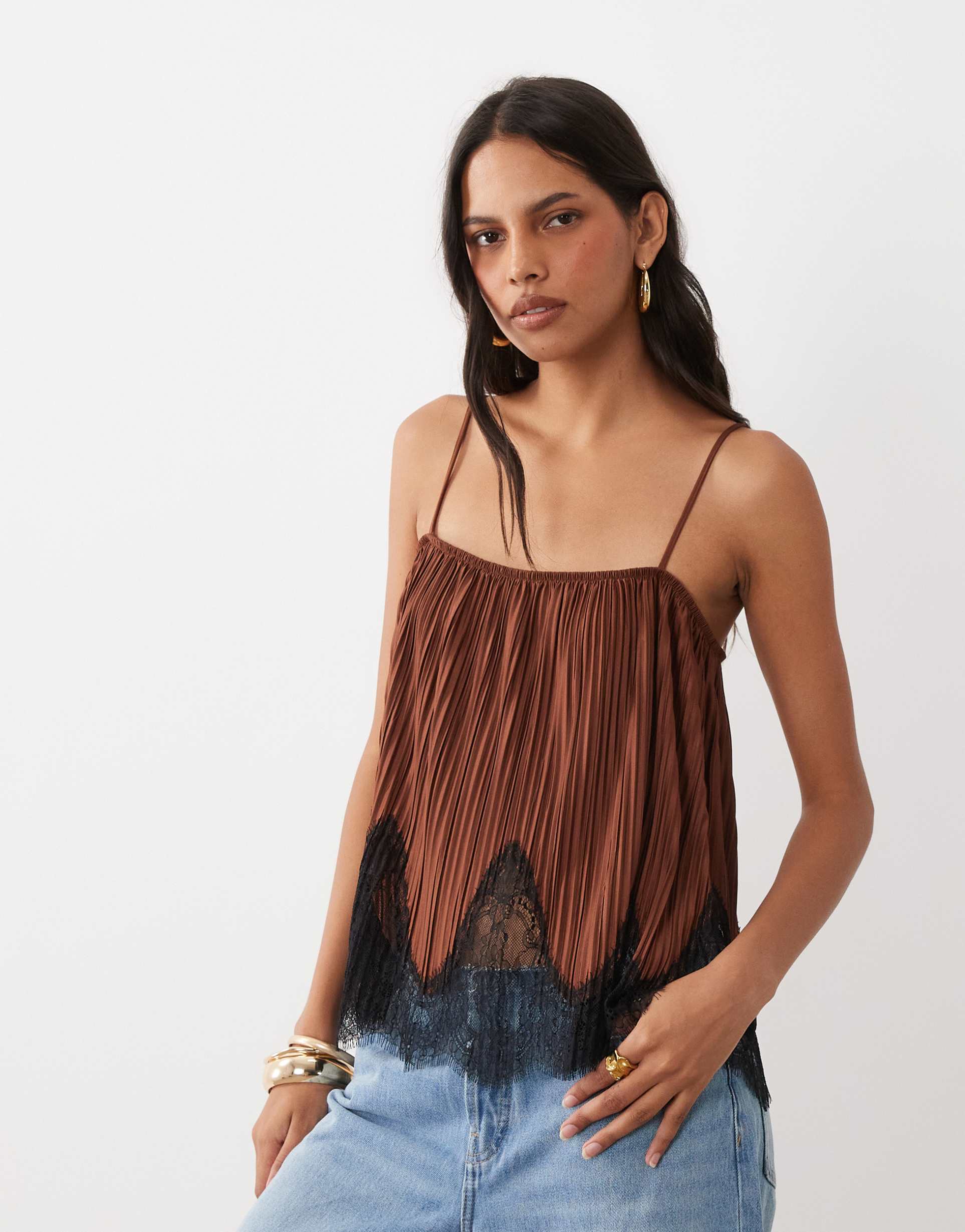 asos design mix & match plisse square neck cami in brown with black lace trim