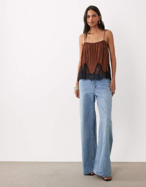 ASOS DESIGN mix & match plisse square neck cami in brown with black lace trim, 3 of 4