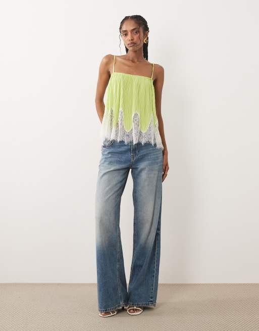 ASOS DESIGN mix & match plissé square neck cami in green with white lace hem, 3 of 4