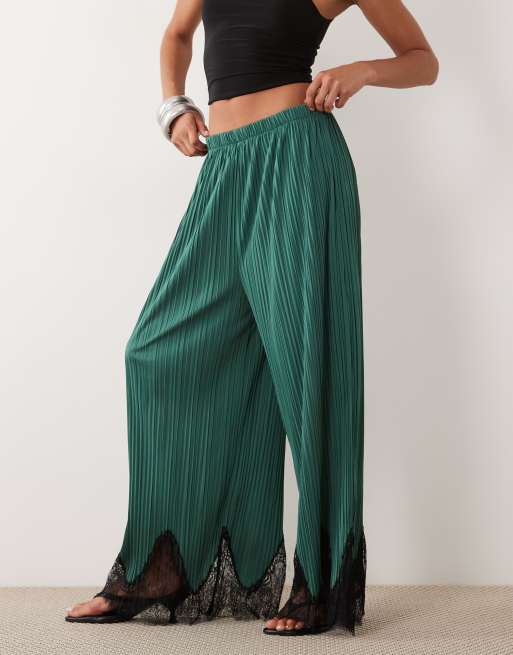 ASOS DESIGN mix & match plisse straight leg pants in teal with black lace trim, 2 of 5