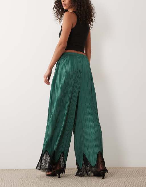 ASOS DESIGN mix & match plisse straight leg pants in teal with black lace trim, 3 of 5
