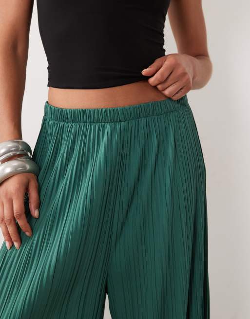 ASOS DESIGN mix & match plisse straight leg pants in teal with black lace trim, 4 of 5