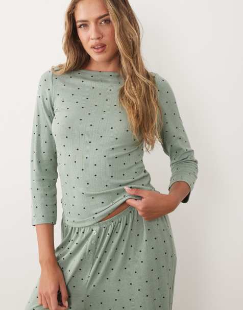 ASOS DESIGN mix & match pointelle boatneck top with 3/4 sleeve in green polka dot print - view 1