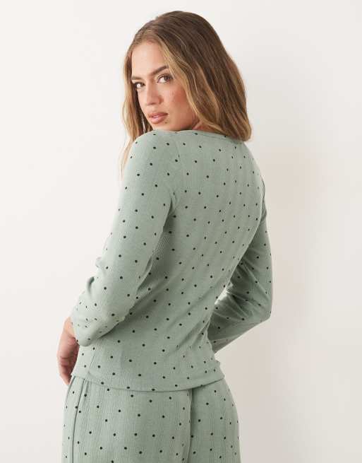 ASOS DESIGN mix & match pointelle boatneck top with 3/4 sleeve in green polka dot print, 4 of 4