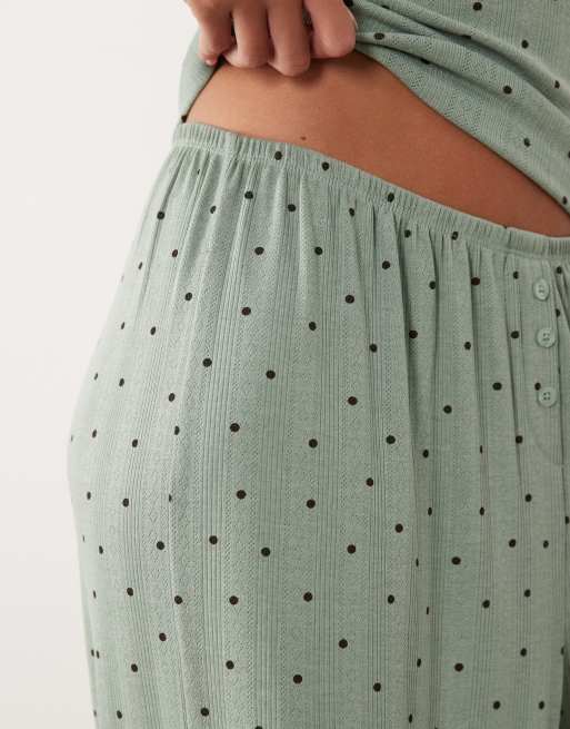 ASOS DESIGN mix & match pointelle pajama pants in green polka dot print, 2 of 4