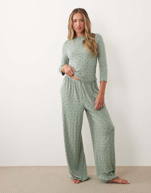 ASOS DESIGN mix & match pointelle pajama pants in green polka dot print, 4 of 4