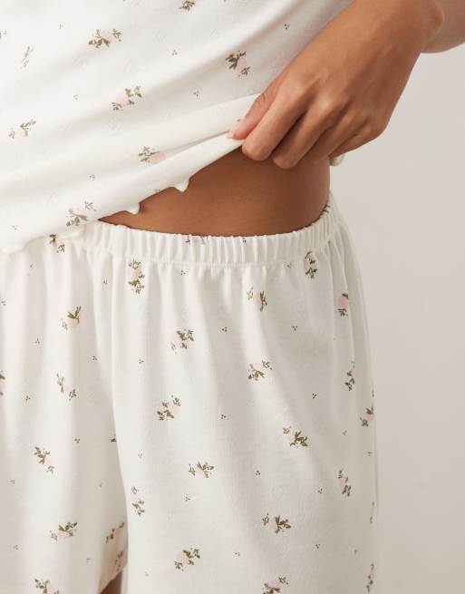 ASOS DESIGN mix & match pointelle pyjama short in pink rosebud print, 2 of 4