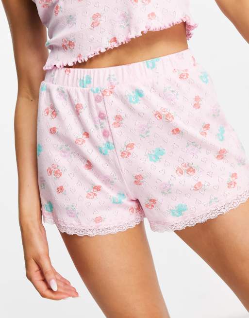 ASOS DESIGN - Mix & match - Pointelle-pyjamashort met bloemenprint en kanten rand in roze