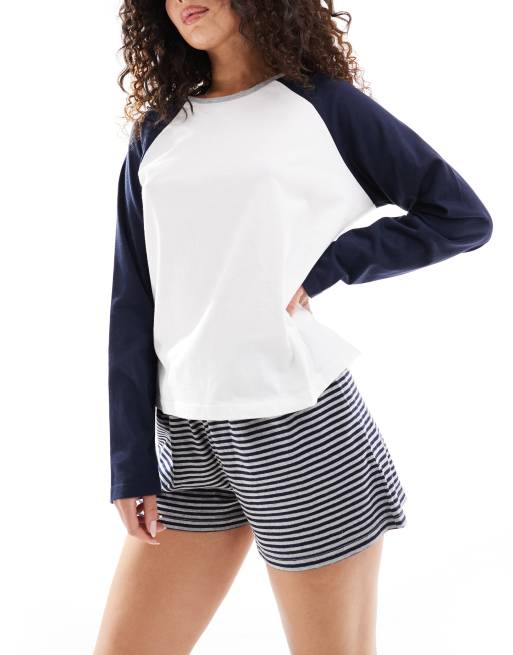 ASOS DESIGN – Mix & Match – Preppy – Langärmliges Pyjama-Oberteil in Weiß & Blau