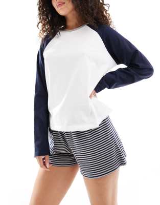 Asos Design Mix & Match Preppy Long Sleeve Pajama Top In White & Blue