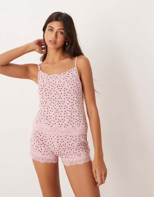 ASOS DESIGN mix & match pyjama cami with lace trim in pink heart print, 2 of 4