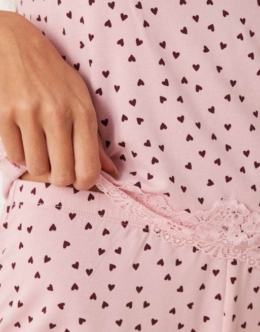 ASOS DESIGN mix & match pyjama cami with lace trim in pink heart print, 3 of 4