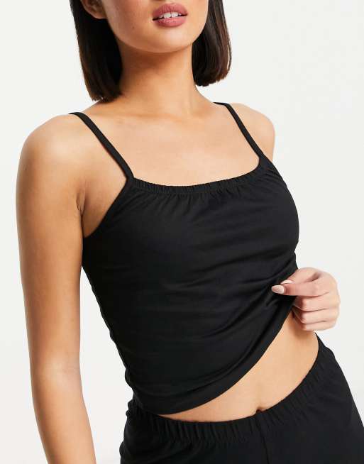 ASOS DESIGN – Mix & Match – Baumwoll-Pyjama mit Camisole und Leggings in Schwarz, 2 von 4