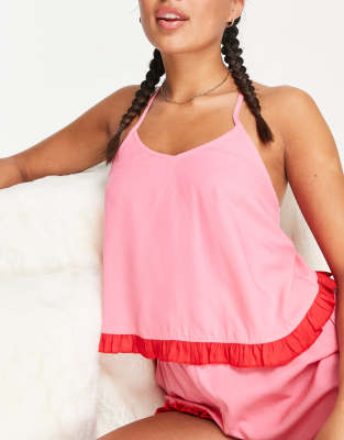 ASOS DESIGN - Mix & Match - Pyjama-Camisole aus Modal in Rosa mit farblich abgesetzten Rüschen in Rot