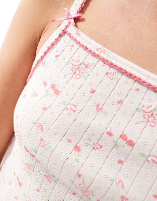 ASOS DESIGN – Mix & Match – Pyjama-Camisole aus Pointelle mit Blümchenmuster in Rosa mit Schleifenprint, 3 von 4