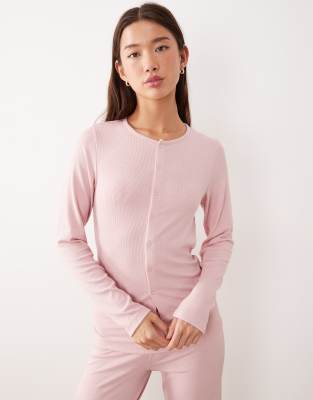 ASOS DESIGN - Mix & Match - Pyjama-Cardigan aus weichem Rippstoff in Hellrosa mit durchgehender Knopfleiste-Rot