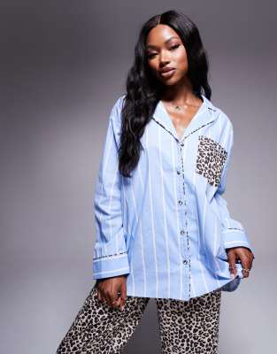 ASOS DESIGN - Mix & Match - Pyjama-Hemd aus Webstoff mit Streifen- und Leopardenmuster-Blau