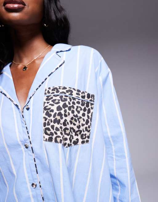 ASOS DESIGN – Mix & Match – Pyjama-Hemd aus Webstoff mit Streifen- und Leopardenmuster, 3 von 4
