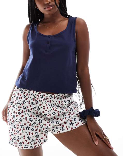 ASOS DESIGN Mix & Match pyjama henley singlet with scrunchie in navy - view 1