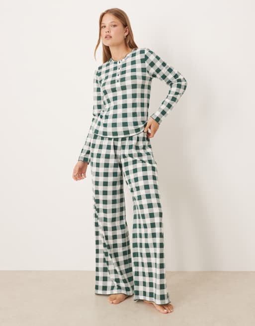 ASOS DESIGN mix & match pyjama henley tee in green check print, 3 of 4