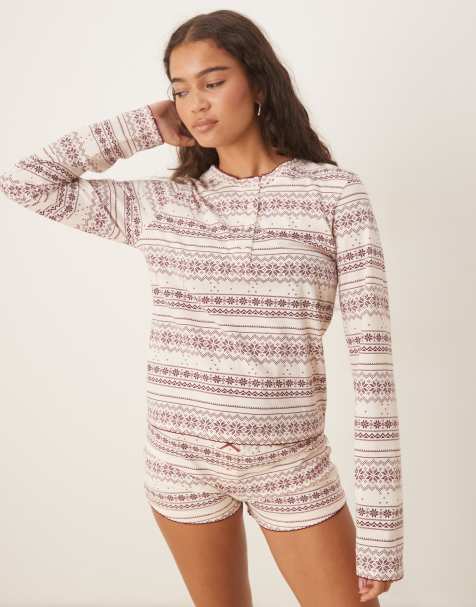ASOS DESIGN mix & match pyjama henley tee in red fairisle print - view 1
