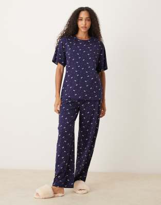 ASOS DESIGN - Mix & Match - Pyjama-Hose aus Baumwolle in Marineblau mit Schleifenprint-Grün