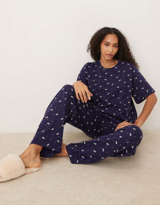 ASOS DESIGN – Mix & Match – Pyjama-Hose aus Baumwolle in Marineblau mit Schleifenprint, 4 von 4