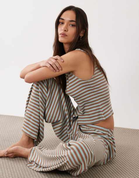 ASOS DESIGN mix & match pyjama in mint & camel stripe - view 1