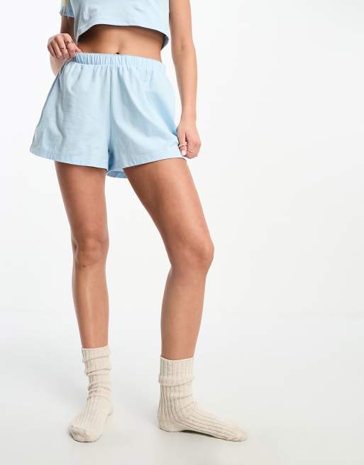 ASOS DESIGN Mix Match Pyjama Shorts aus Baumwolle in Blau mit Picot Saum ASOS